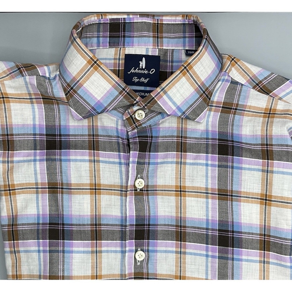 Johnnie-O Top Shelf Mens Plaid Button Down Shirt Blue Brown Purple Long Sleeve M
